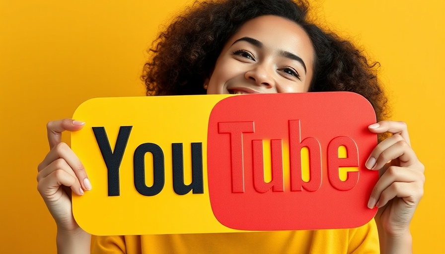 Cheerful woman with YouTube logo, vibrant background