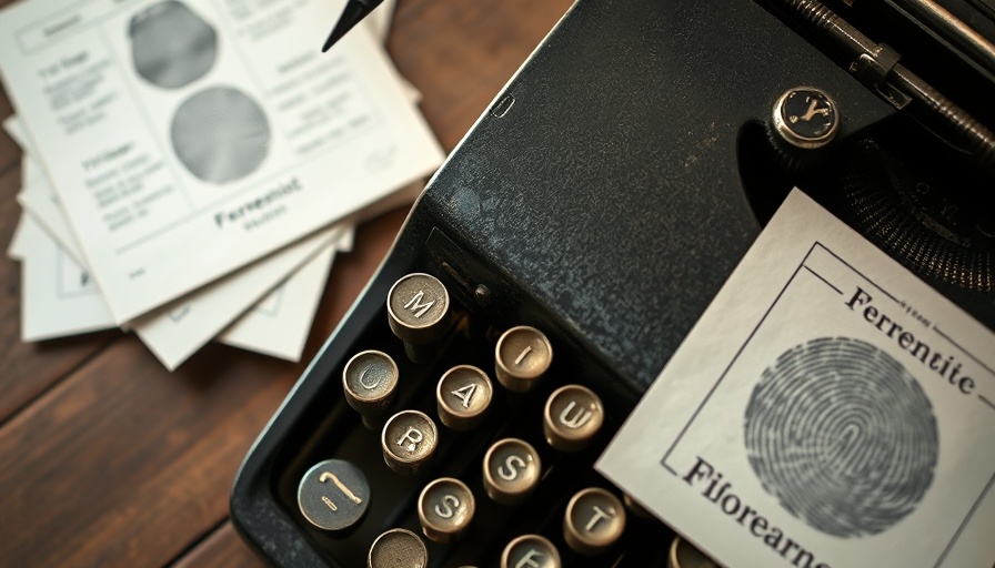 Vintage typewriter with fingerprint records, AI writing fingerprints concept.