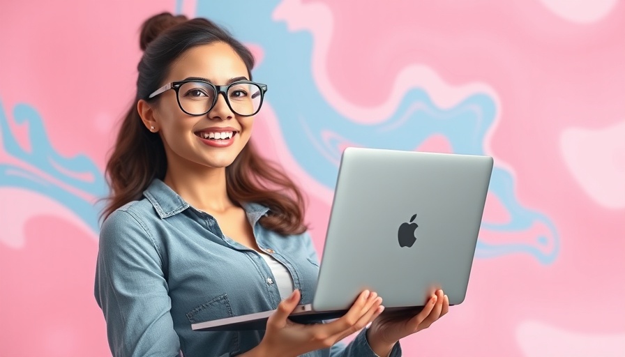 Confident woman with laptop on abstract pink and blue background