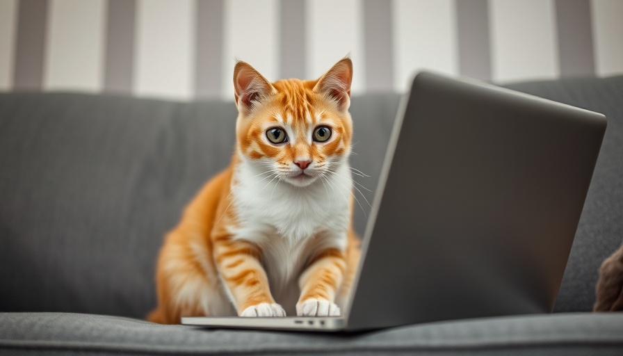 Curious cat watching laptop on sofa, Fetch Charlotte veterinary conference 2025.