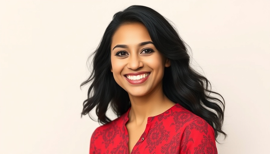 Smiling woman in red blouse, confident expression.