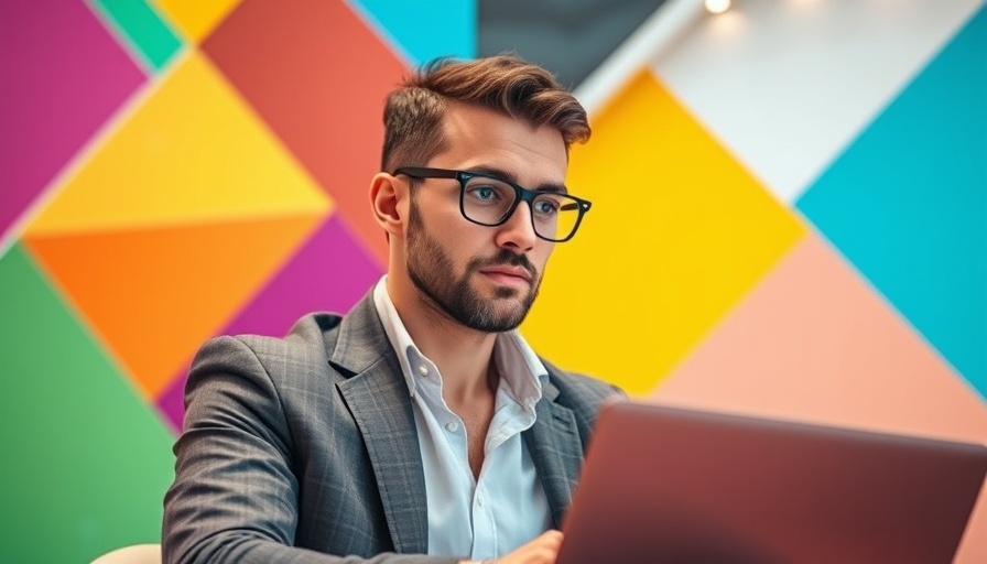 Professional pondering with laptop in abstract geometric setting, modern lighting.