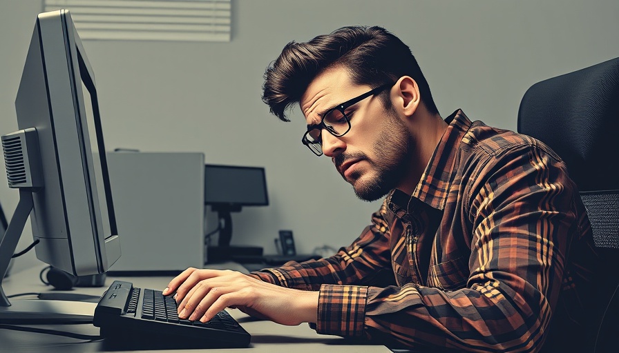 Bored man at a desk pressing keyboard, halftone pop art style.