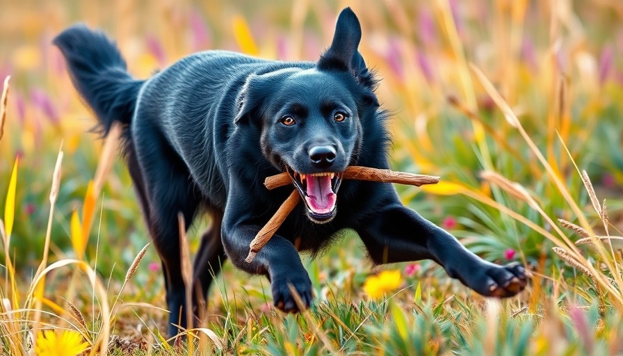 Fetch Charlotte 2025, dog running with stick in watercolor meadow.