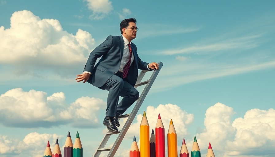 Surreal image of a businessman climbing a pencil ladder, representing setting content marketing goals for veterinary clinics.