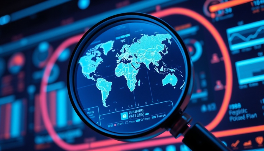 High-tech visualization of digital magnifying glass and world map for Google AIO visibility.