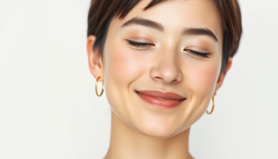 Calm young woman smiling softly with short hair and gold earrings