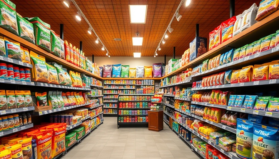 Spacious new animal feed and supply store in Canada with colorful shelves.