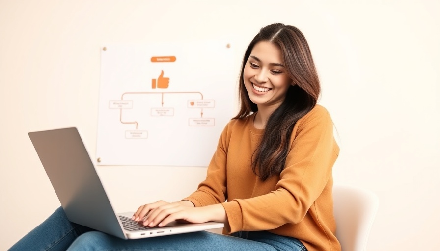 Smiling woman using laptop with flowchart design, free flowchart templates.