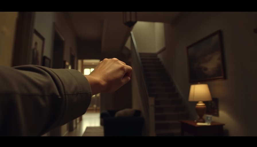 Blurry indoor scene depicting police use of force in a dimly lit hallway.