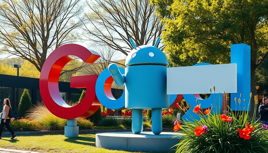 Colorful Google logo statue with Android figure sign outdoors, Google Gemini AI personalization.