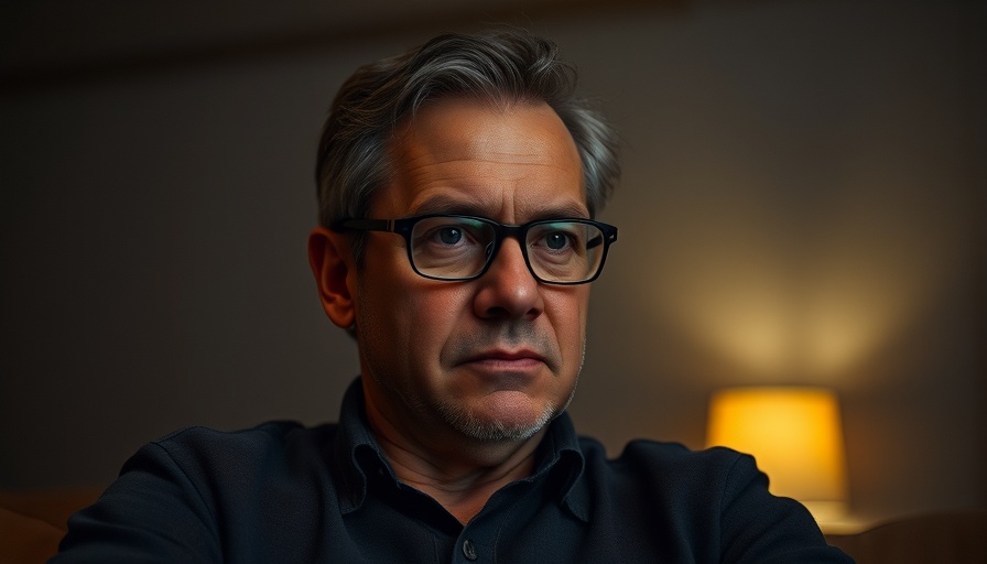 Middle-aged man contemplating indoors with dim lighting