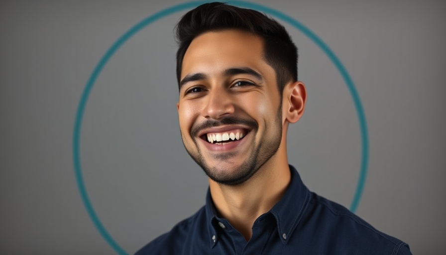 Interview image of a man in navy blue shirt with a teal background design.