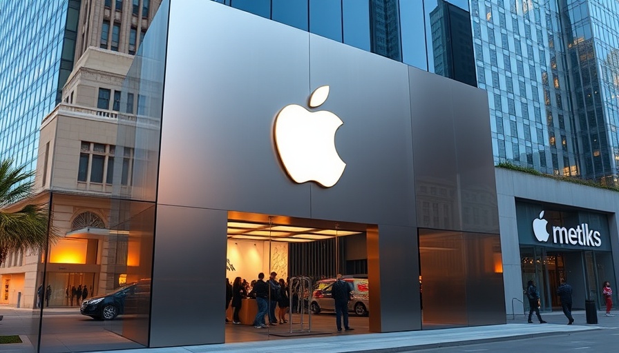 Apple store facade with logo reflecting cityscape, symbolizing technology.