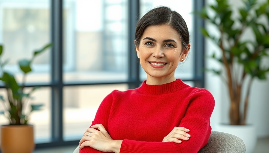 Confident woman in red sweater, promoting productivity through happiness indoors.
