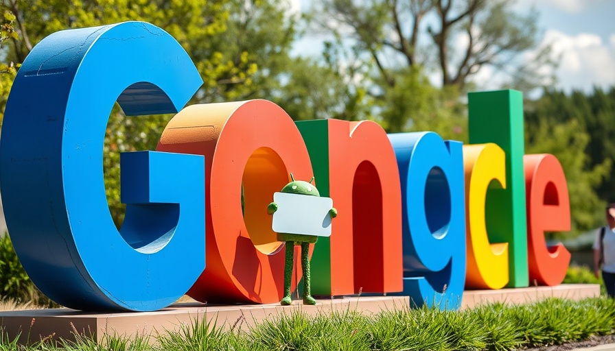 Colorful Google logo with android figure in outdoor setting.