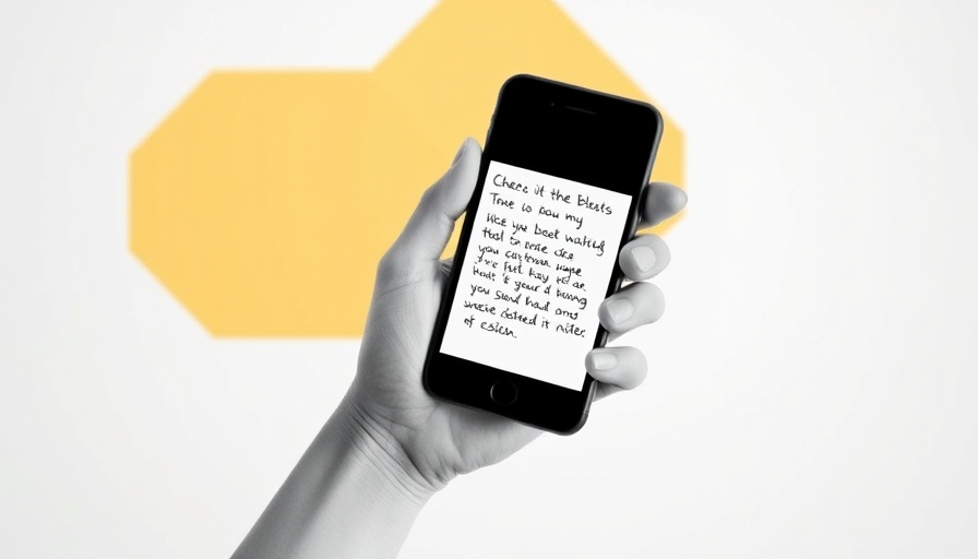 Hand holding smartphone displaying notes, digital art, marketing brief
