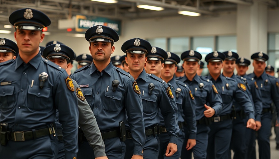 Police recruitment training with officers marching indoors.