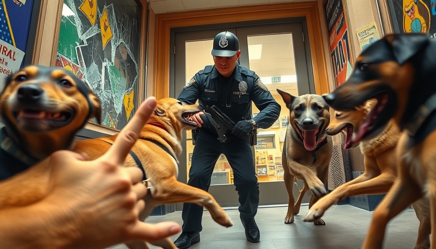Police officer safety in action managing dogs indoors.
