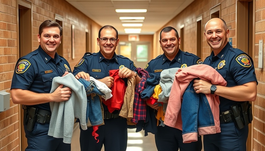 Police officers building community relations by holding donated clothing at a school.