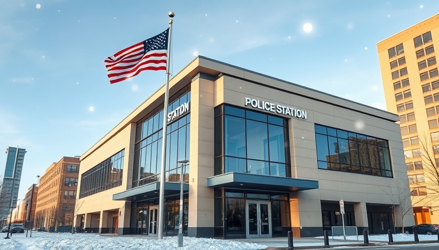 Davenport police station building under snowfall.