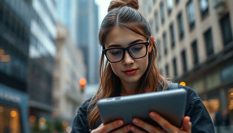 Young woman using tablet in urban setting, symbolizing social media engagement strategy.