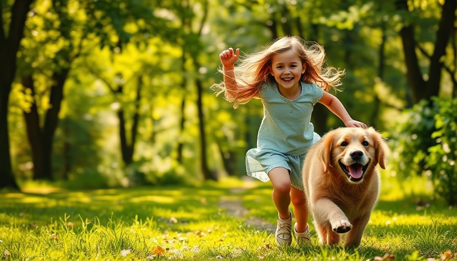 Girl and dog running in a forest, showcasing playfulness and health.