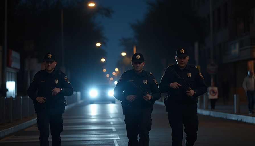 Police officers patrolling a path at night under sparse streetlights.