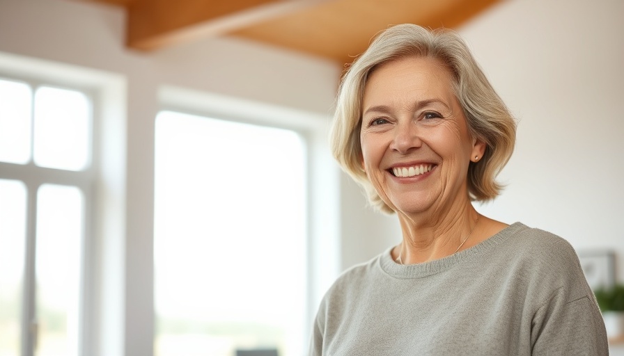 Middle-aged woman smiling indoors, minimalistic bright room.