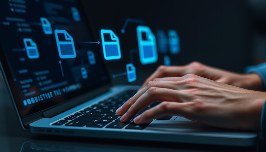Hands on keyboard with holographic file icons for Enterprise-Level Migrations.