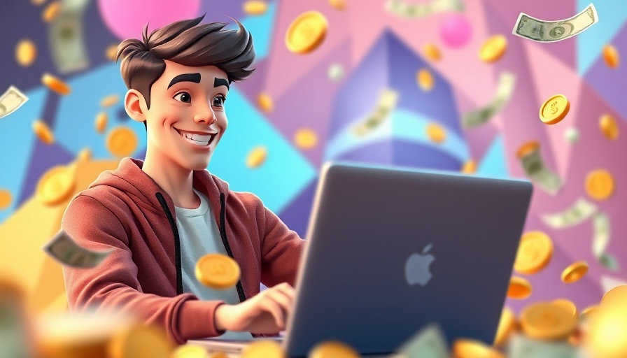 Young man smiling at laptop with coins floating, depicting digital financial concept.