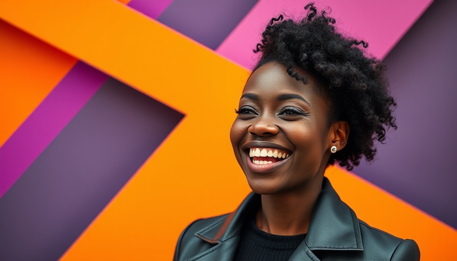 Stylish woman smiling amidst vibrant geometric design.