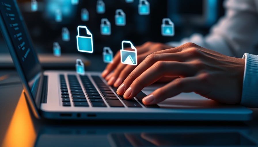 Hands typing on laptop with digital file transfer icons, Enterprise-Level Website Migration concept.