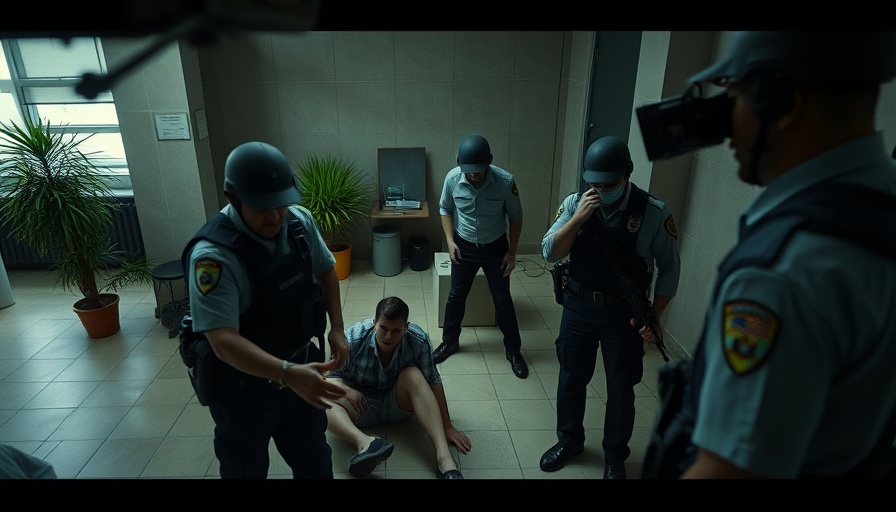 Surveillance footage of tense police scene indoors