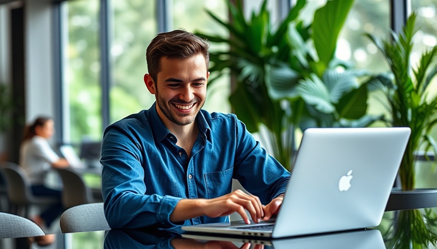 Smiling professional using laptop, demonstrating AI Shortens B2B Sales Cycles.
