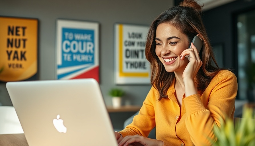 Woman creating social media content in vibrant office.