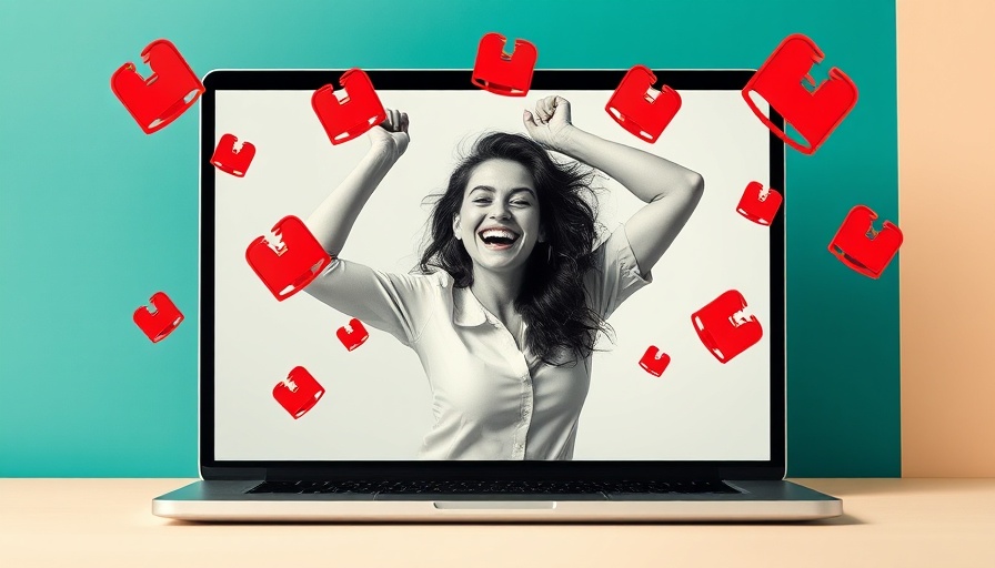 Joyful woman in laptop screen with notifications for veterinary clinics.
