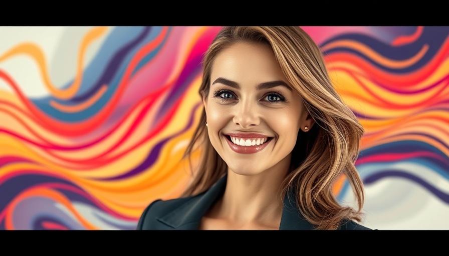 Stylish woman smiling in colorful abstract digital art, inclusive case studies for veterinary clinics