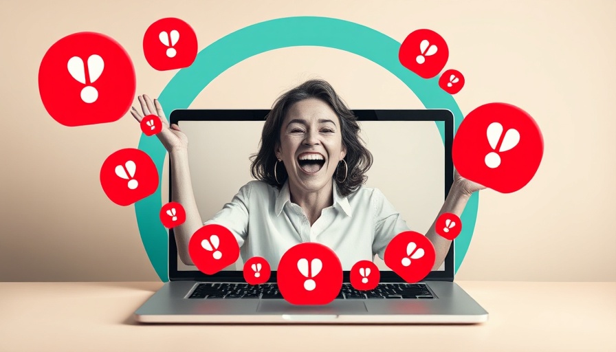 Joyful woman emerging from laptop with notification bells, YouTube Descriptions for Aesthetics.