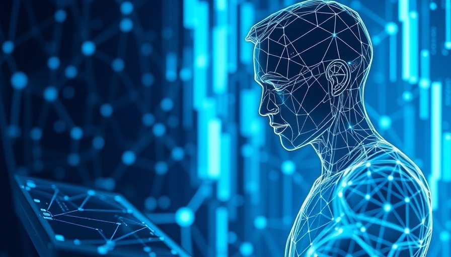 Futuristic wireframe figure using a computer, neon blue glow