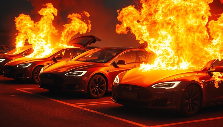 Tesla vehicles on fire in parking lot at night, vandalism incidents.