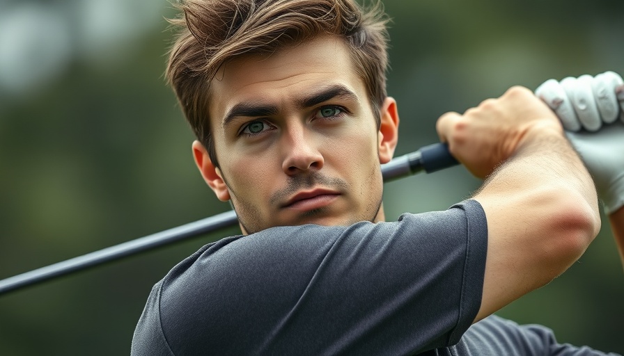 Focused golfer with intense gaze and dynamic swing, representing Rory McIlroy mental game strategies.