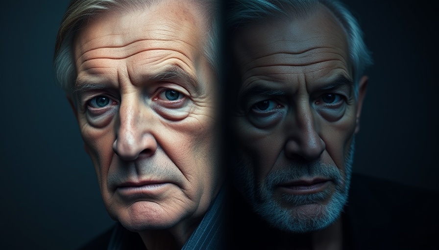 Dramatic dual-tone portrait of two elderly men in blue and gray tint.