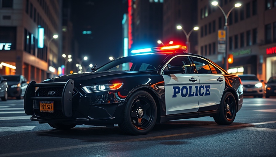 Modern police car in city at night, policy changes context.