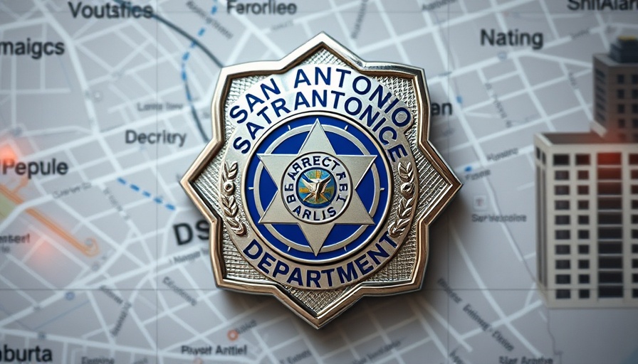 San Antonio Police Department badge against city map.