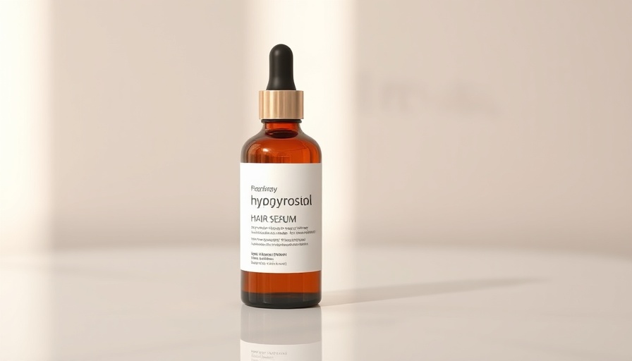 Amber bottle of Hydroxytyrosol Hair Serum on white background.