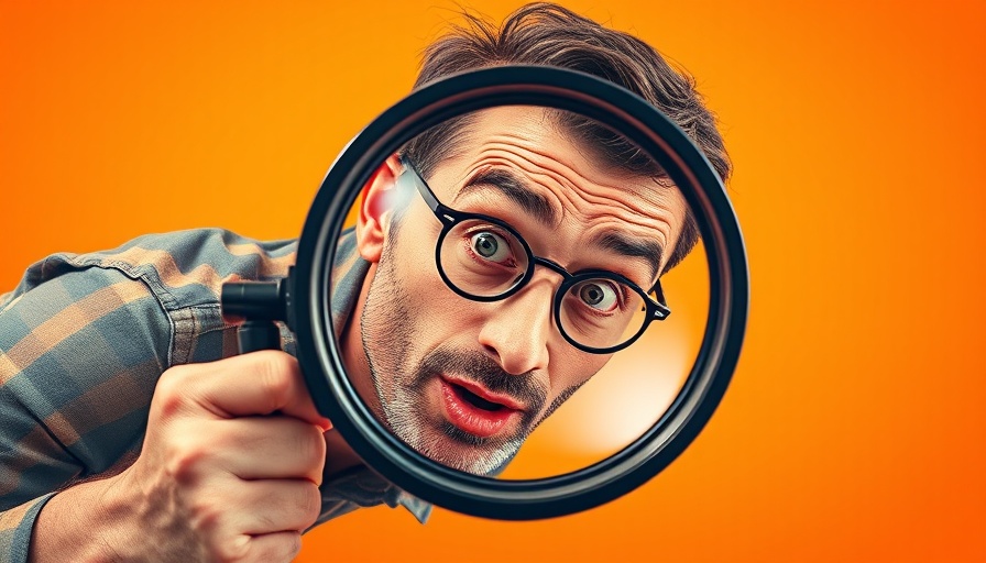 Curious man studying through a magnifying glass, retro collage vibrant style.