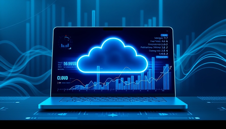 Futuristic illustration of cloud computing data on laptop for SaaS SEO strategy.