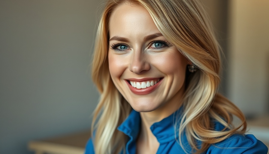 Smiling woman indoors, natural lighting, wearing a blue blouse.