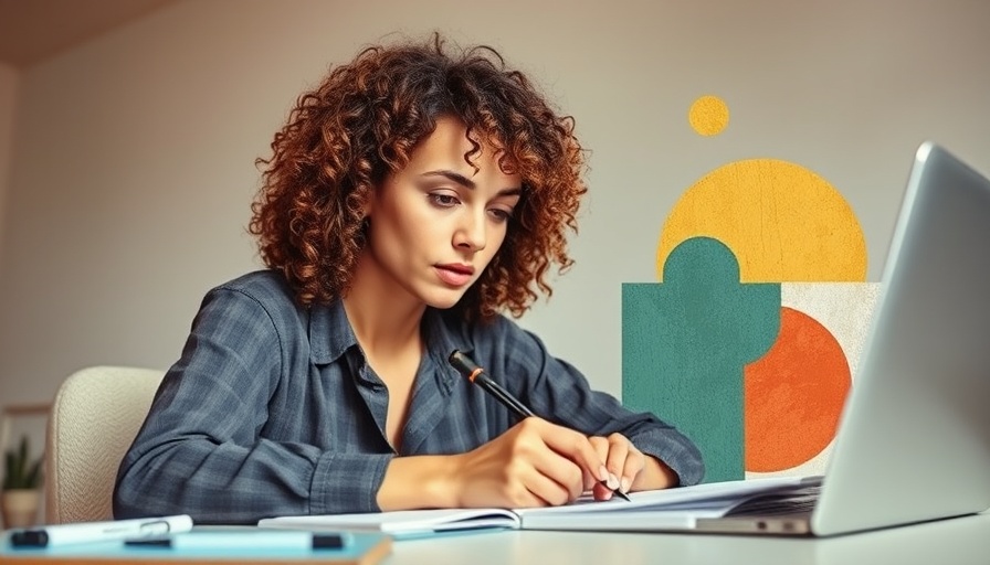 Woman studying online in abstract collage, social media marketing course.